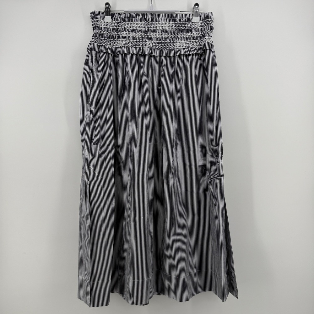 Free Assembly Women Navy White Pinstripe Smocked Waist Cotton Midi Skirt S 4-6